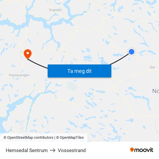 Hemsedal Sentrum to Vossestrand map