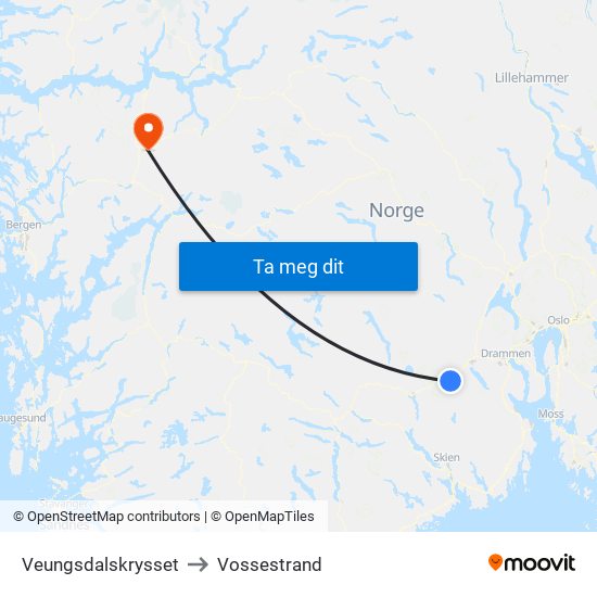 Veungsdalskrysset to Vossestrand map