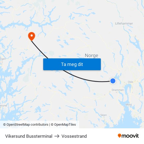 Vikersund Bussterminal to Vossestrand map