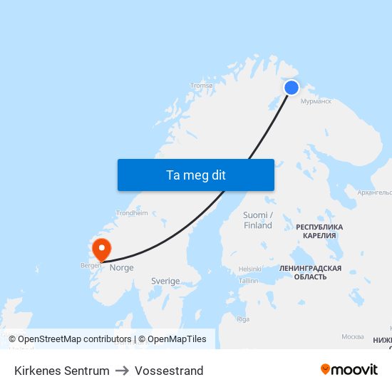 Kirkenes Sentrum to Vossestrand map