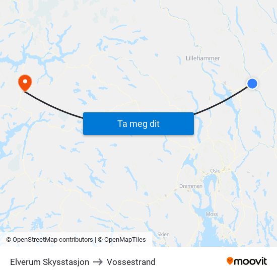 Elverum Skysstasjon to Vossestrand map