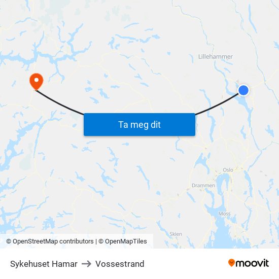 Sykehuset Hamar to Vossestrand map