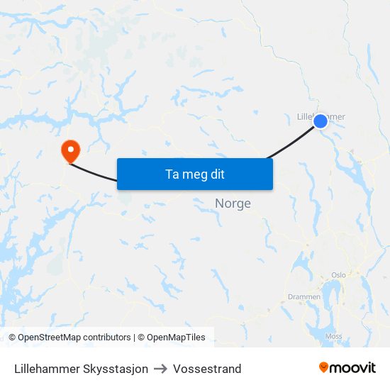 Lillehammer Skysstasjon to Vossestrand map