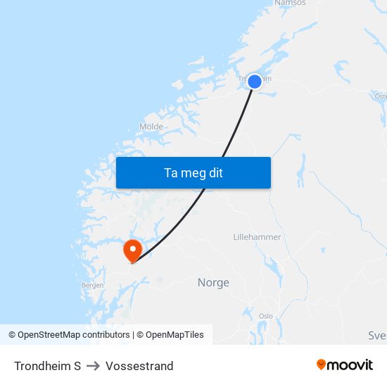 Trondheim S to Vossestrand map