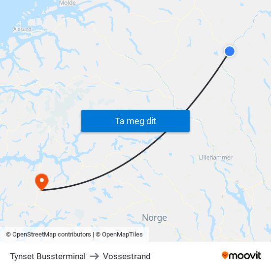 Tynset Bussterminal to Vossestrand map