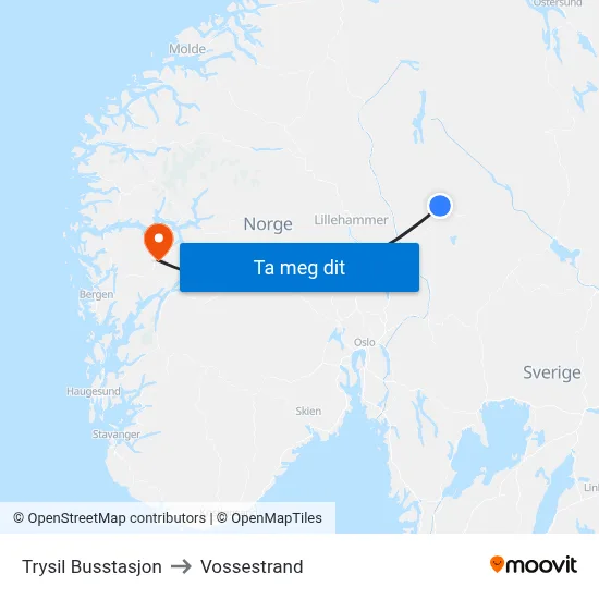Trysil Busstasjon to Vossestrand map