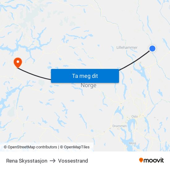 Rena Skysstasjon to Vossestrand map