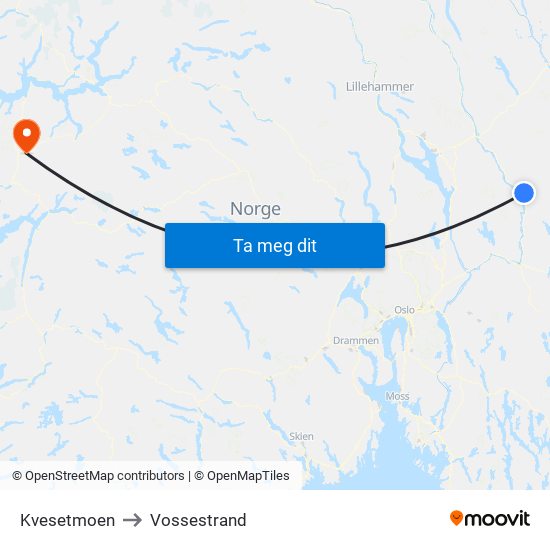 Kvesetmoen to Vossestrand map