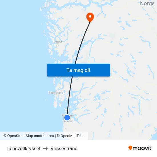 Tjensvollkrysset to Vossestrand map