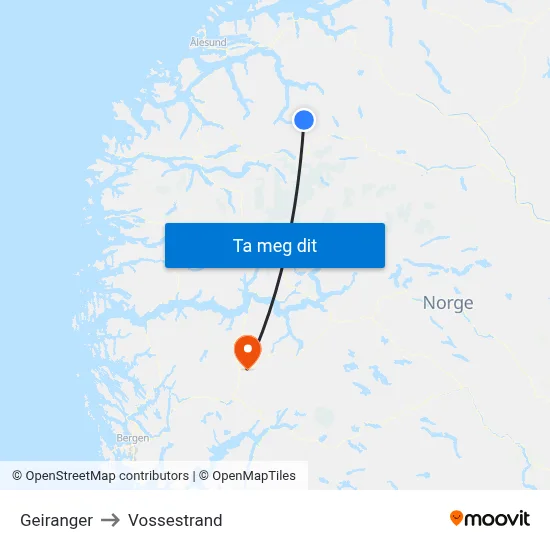 Geiranger to Vossestrand map