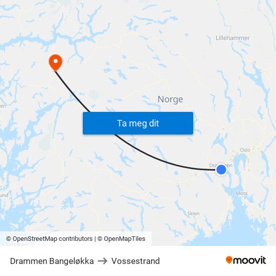 Drammen Bangeløkka to Vossestrand map