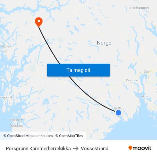 Porsgrunn Kammerherreløkka to Vossestrand map