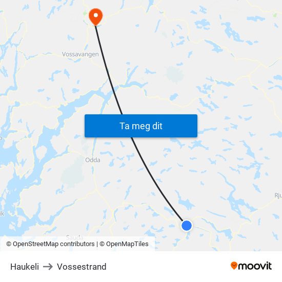 Haukeli to Vossestrand map