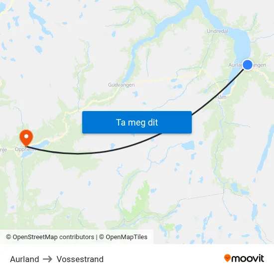 Aurland to Vossestrand map
