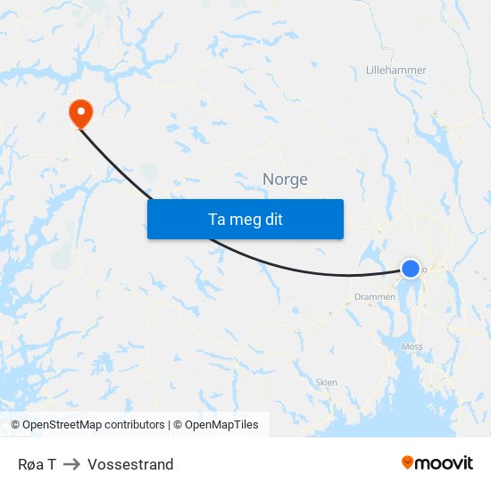 Røa T to Vossestrand map