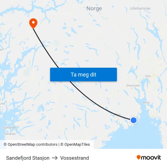Sandefjord Stasjon to Vossestrand map