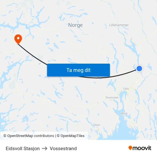 Eidsvoll Stasjon to Vossestrand map