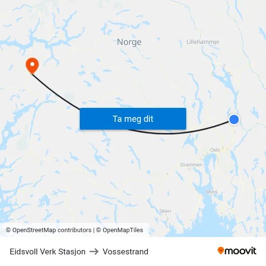 Eidsvoll Verk Stasjon to Vossestrand map