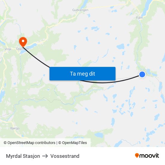 Myrdal Stasjon to Vossestrand map
