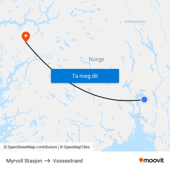 Myrvoll Stasjon to Vossestrand map