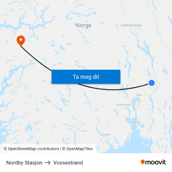 Nordby Stasjon to Vossestrand map