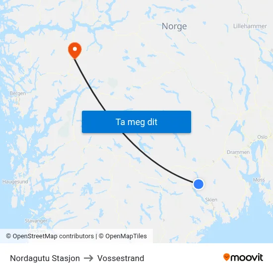 Nordagutu Stasjon to Vossestrand map