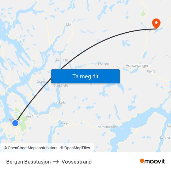 Bergen Busstasjon to Vossestrand map