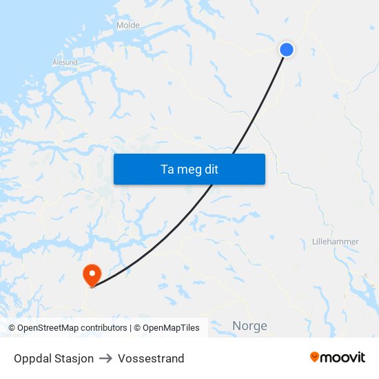Oppdal Stasjon to Vossestrand map