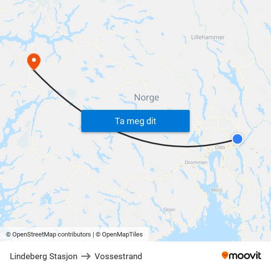 Lindeberg Stasjon to Vossestrand map