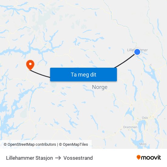 Lillehammer Stasjon to Vossestrand map