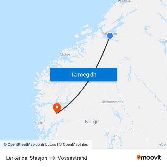 Lerkendal Stasjon to Vossestrand map