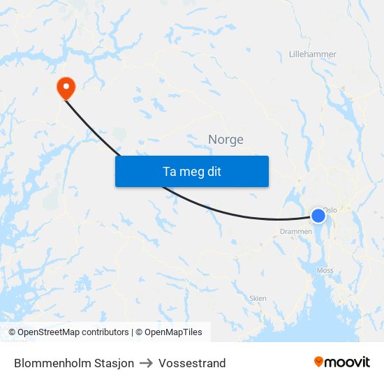 Blommenholm Stasjon to Vossestrand map