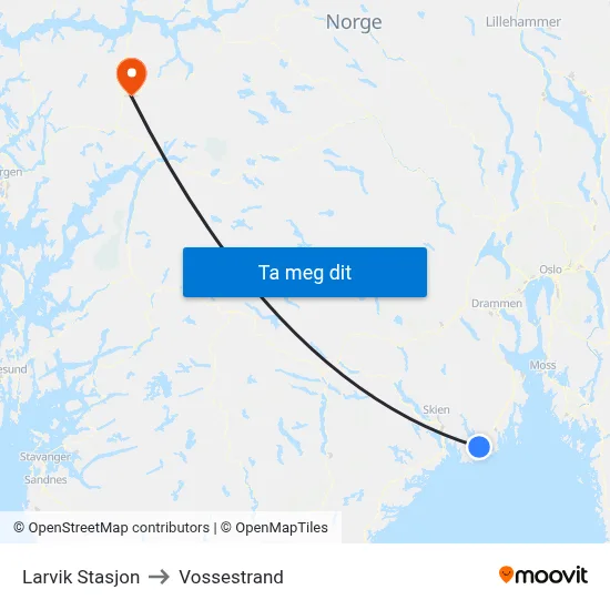Larvik Stasjon to Vossestrand map