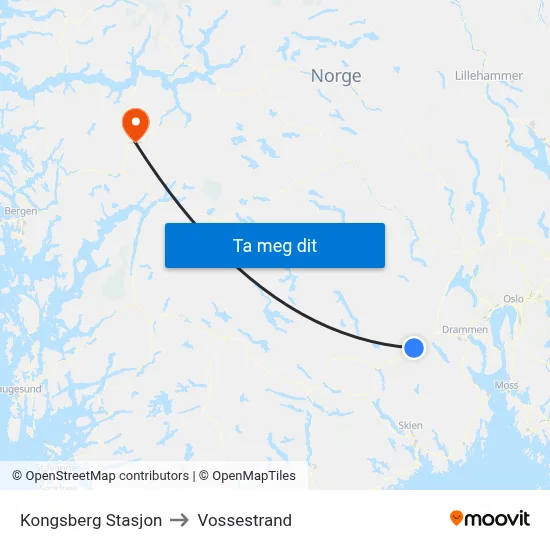 Kongsberg Stasjon to Vossestrand map