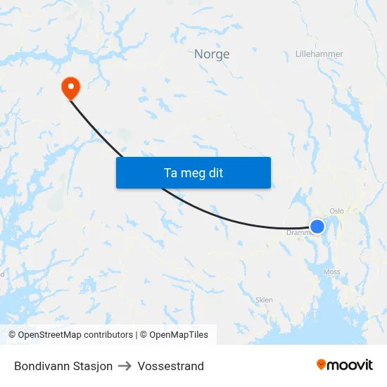 Bondivann Stasjon to Vossestrand map