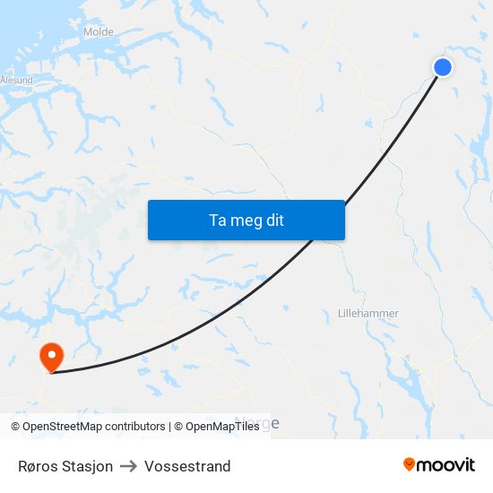 Røros Stasjon to Vossestrand map