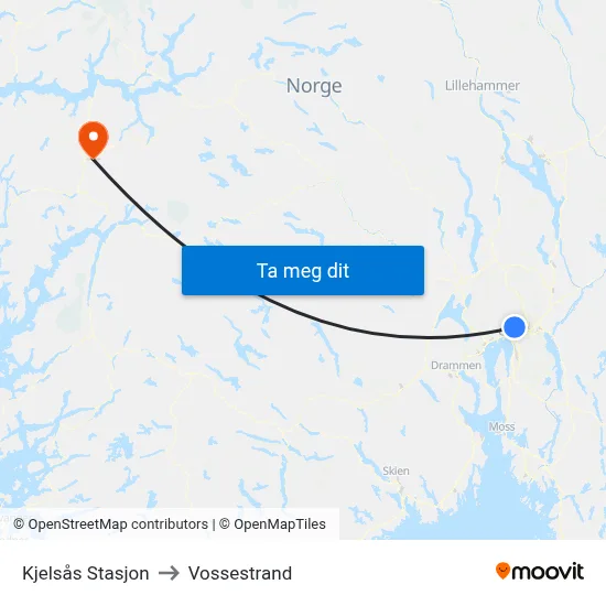 Kjelsås Stasjon to Vossestrand map