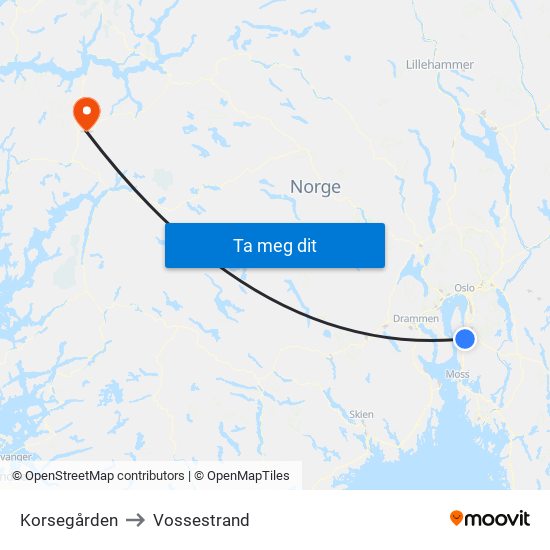 Korsegården to Vossestrand map