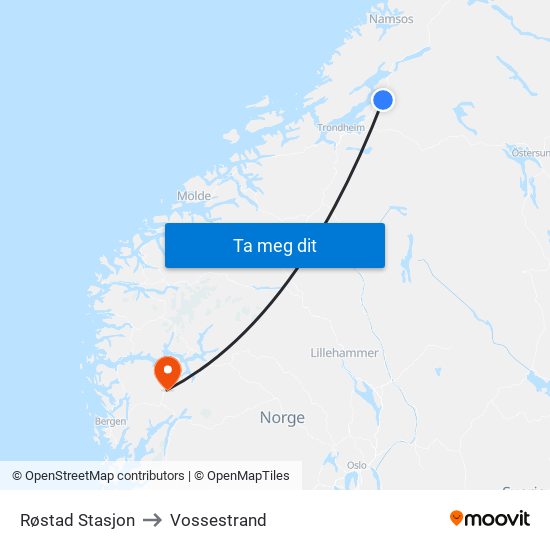 Røstad Stasjon to Vossestrand map