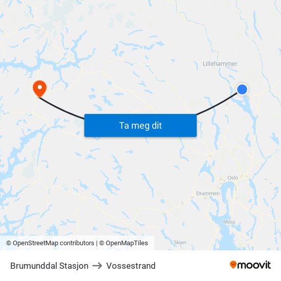 Brumunddal Stasjon to Vossestrand map