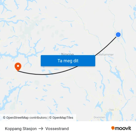 Koppang Stasjon to Vossestrand map
