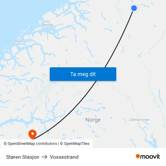 Støren Stasjon to Vossestrand map