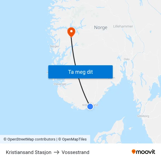 Kristiansand Stasjon to Vossestrand map