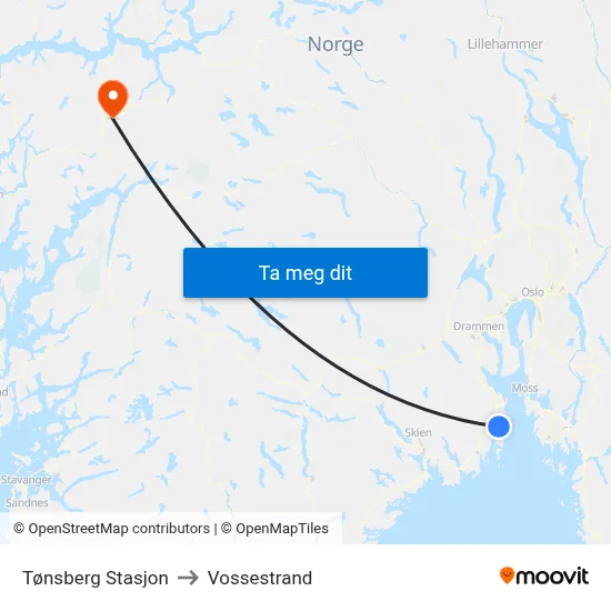 Tønsberg Stasjon to Vossestrand map