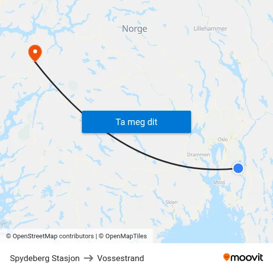 Spydeberg Stasjon to Vossestrand map