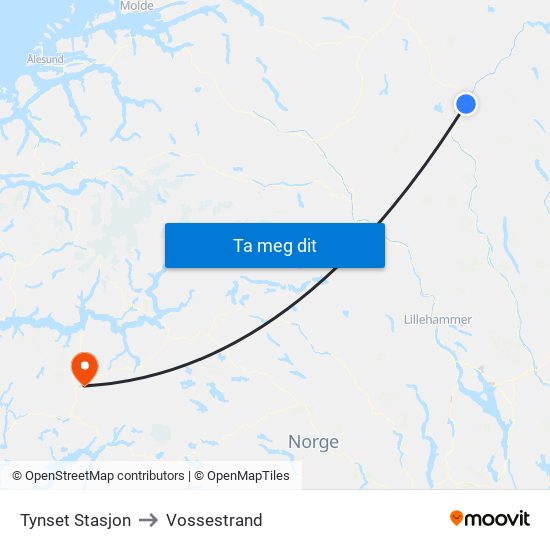 Tynset Stasjon to Vossestrand map