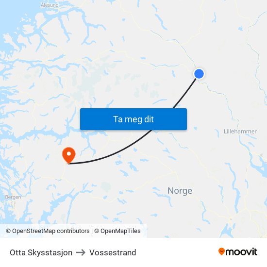 Otta Skysstasjon to Vossestrand map