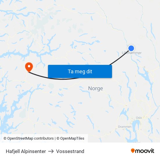 Hafjell Alpinsenter to Vossestrand map