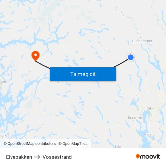 Elvebakken to Vossestrand map