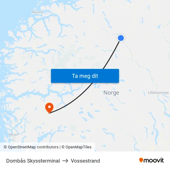 Dombås Skyssterminal to Vossestrand map